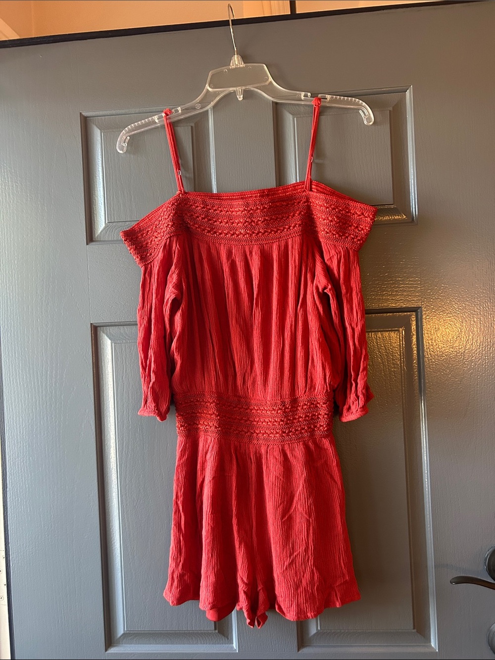 FAVLUX Deep Orange Smocked Off-Shoulder Romper